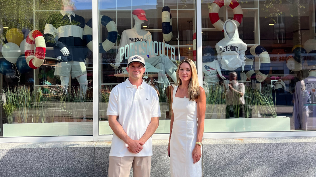 The founders of The Just Brand standing outside the Just Portsmouth retail store in downtown Portsmouth, New Hampshire.