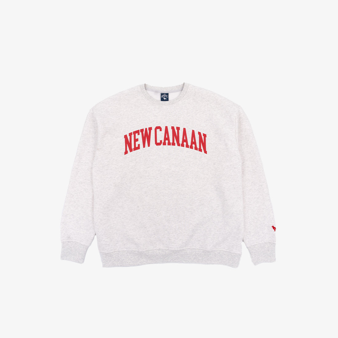 New Canaan crewneck sweatshirt in light heather grey with red lettering.